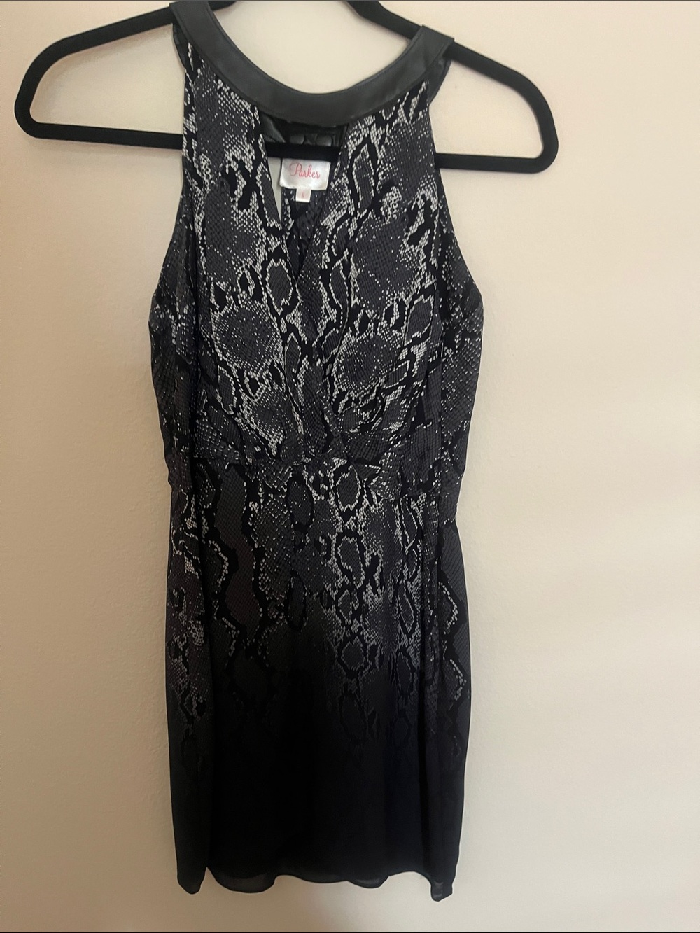 Parker Silk & Leather Black & Gray Snake-Print Halter Mini Dress